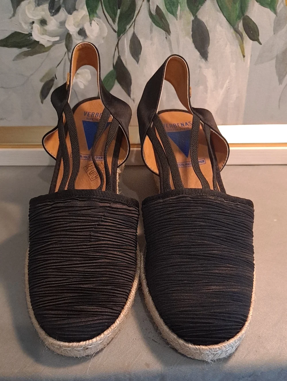 VERBENAS Maika Black Espadrille Slingback Wedge Pleated Jute Spain 41